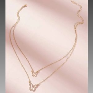Rhinestone Butterfly Charm Gold Layered Necklace
